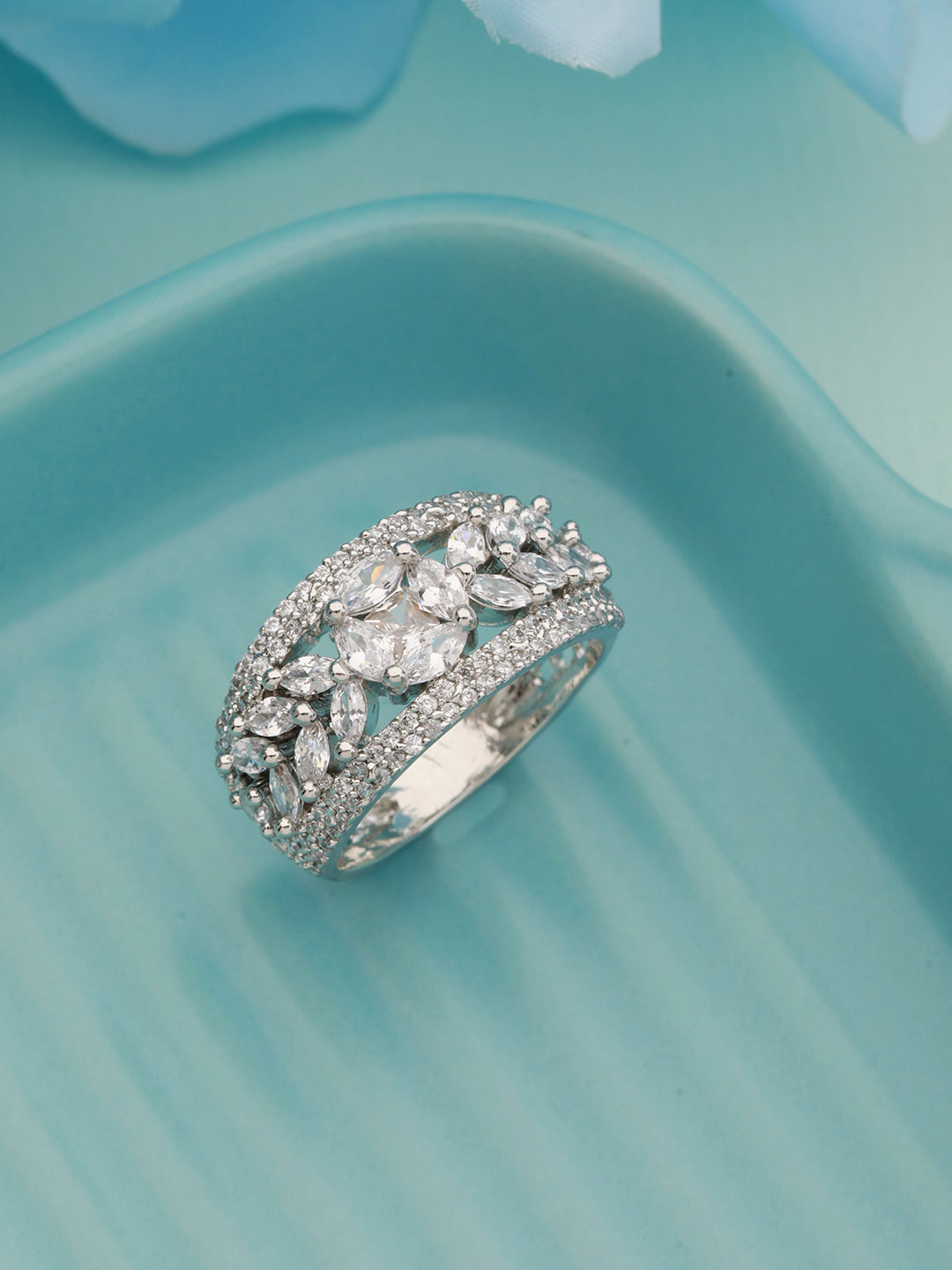 Silver Toned AD Studded Engagement Band Finger Rings